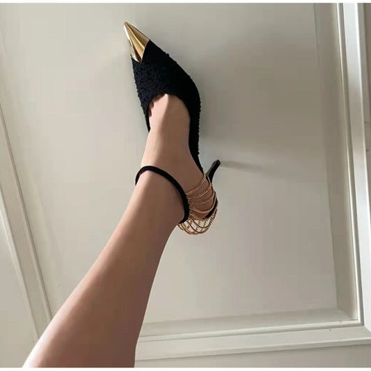 Metal Chains Women Pumps Elegant Pointed toe Ankle Strap High heels